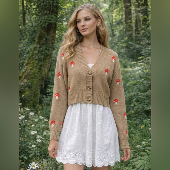 Hazel Moon Sweaters - Hazel Moon Mushroom Cardigan Brown Cropped Knit Cottagecore Naturecore Sz Small